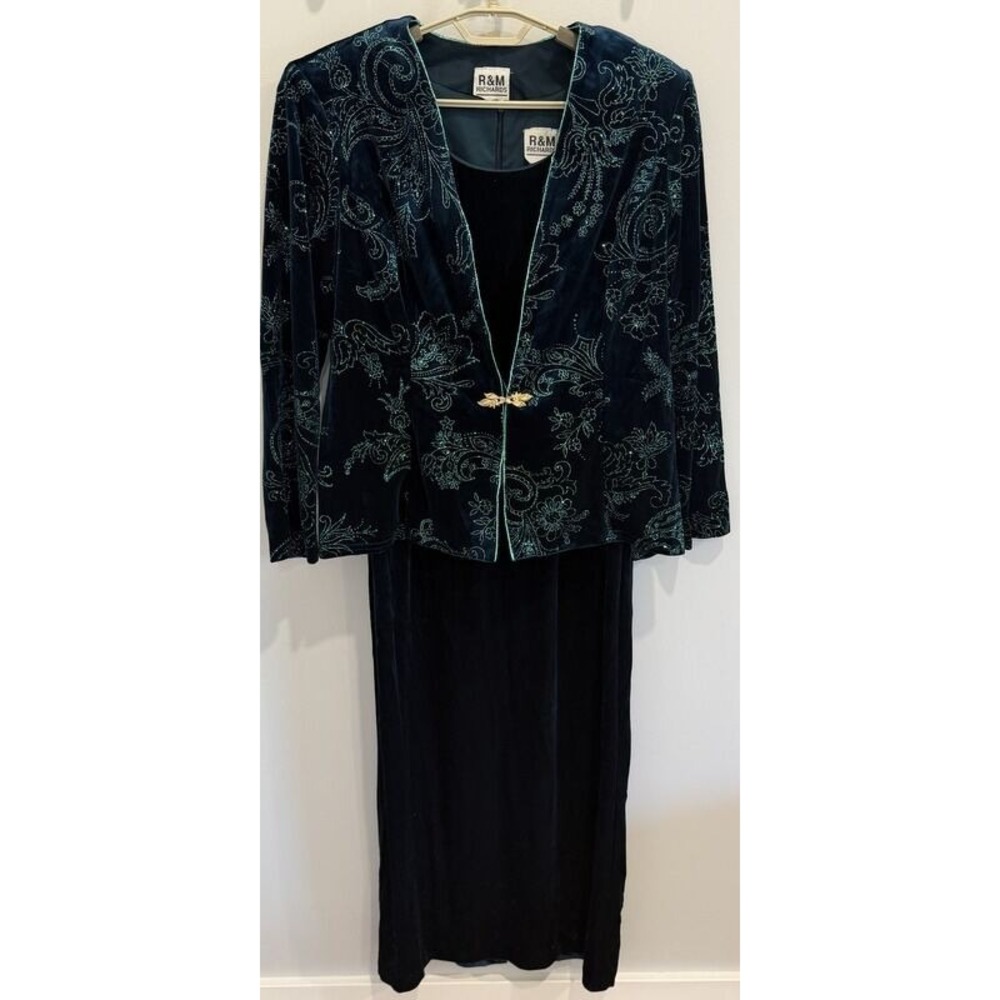 R&M Richards Teal Maxi Velvet Sleeveless Dress Sparkle Floral Jacket Formal 14
